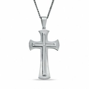 Men's Diamond Accent Cross Pendant in Stainless Steel - 24"