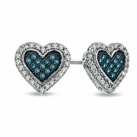0.23 CT. T.w. Enhanced Blue and White Diamond Heart Frame Earrings in