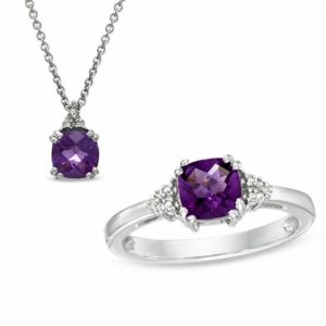6.0mm Cushion-Cut Amethyst and Diamond Accent Pendant and Ring Set in