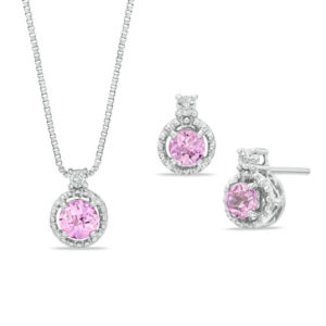 Lab-Created Pink Sapphire and Diamond Accent Pendant and Earrings Set