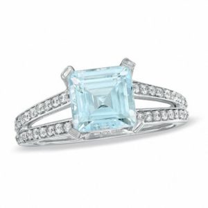 Princess-Cut Aquamarine and 0.25 CT. T.w. Diamond Ring in 10K White