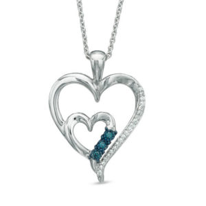 0.09 CT. T.w. Enhanced Blue and White Diamond Double Heart Pendant in
