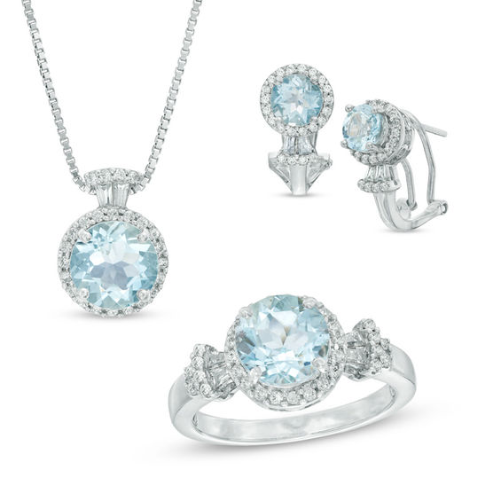 Aquamarine and Lab-Created White Sapphire Pendant, Ring and Earrings