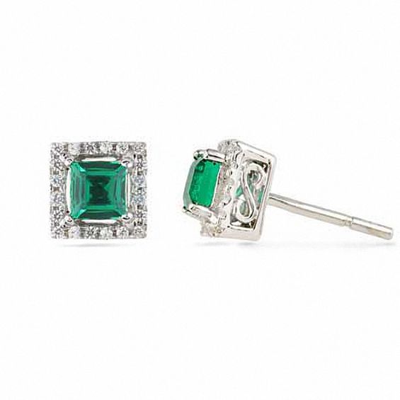 Princess-Cut Lab-Created Emerald and 0.12 CT. T.W Diamond Earrings in
