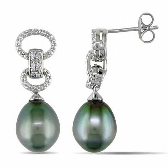 9.0 - 9.5mm Cultured Tahitian Pearl and Diamond Accent Earrings in
