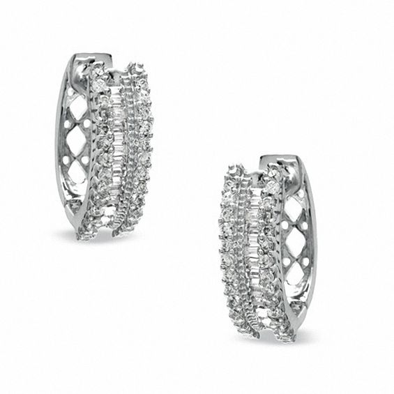 0.50 CT. T.w. Round and Baguette Diamond Hoop Earrings in 10K White