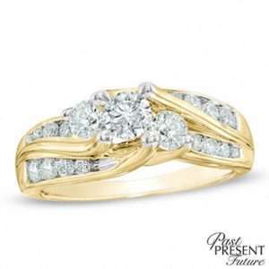 1.00 CT. T.w. Diamond Three Stone Slant Engagement Ring in 14K Gold
