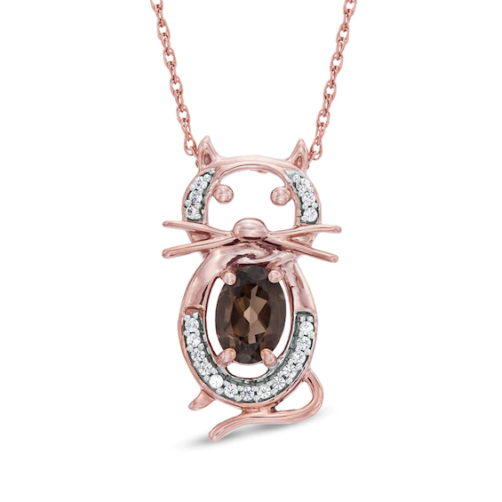 Oval Smoky Quartz and 0.10 CT. T.w. Diamond Cat Pendant in 10K Rose