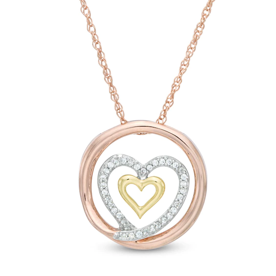 0.09 CT. T.w. Diamond Circle with Heart Pendant in 10K Tri-Tone Gold