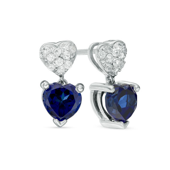 6.0mm Lab-Created Blue and White Sapphire Double Heart Drop Earrings