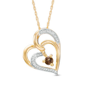 Smoky Quartz and Diamond Accent Tilted Double Heart Pendant in 10K