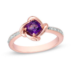 5.0mm Cushion-Cut Amethyst and Diamond Accent Tilted Swirl Frame Ring