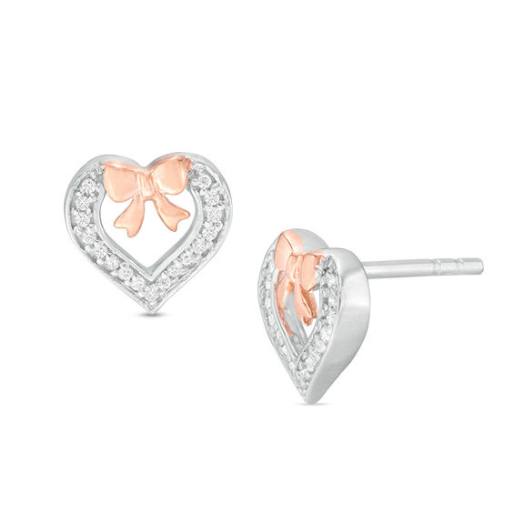 0.09 CT. T.w. Diamond Bow and Heart Stud Earrings in Sterling Silver