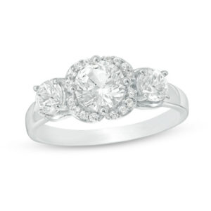 Lab-Created White Sapphire Three Stone Flower Frame Engagement Ring in
