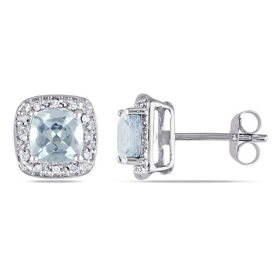 6.0mm Cushion-Cut Aquamarine and 0.09 CT. T.w. Diamond Frame Stud