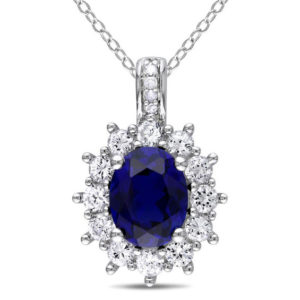 Oval Lab-Created Blue and White Sapphire Sunburst Frame Pendant in