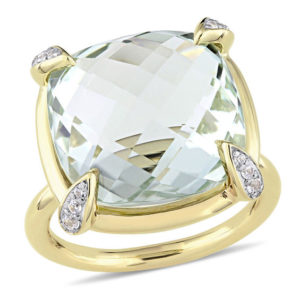 15.0mm Faceted Cushion-Cut Green Quartz and White Sapphire Ring in 14K