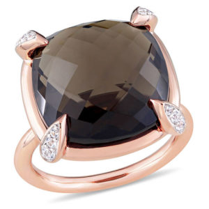 15.0mm Faceted Cushion-Cut Smoky Quartz and White Sapphire Ring in 14K
