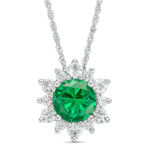 7.0mm Lab-Created Emerald and White Sapphire Sunburst Frame Pendant in