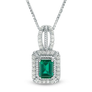Emerald-Cut Lab-Created Emerald and White Sapphire Rope Frame Pendant