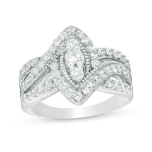 0.95 CT. T.w. Diamond Bypass Marquise Frame Vintage-Style Engagement