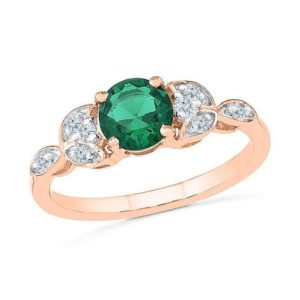 6.0mm Lab-Created Emerald and White Sapphire Leaf Ring in 10K Rose