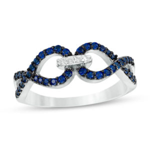 Lab-Created Blue and White Sapphire Interlocking Ring in Sterling