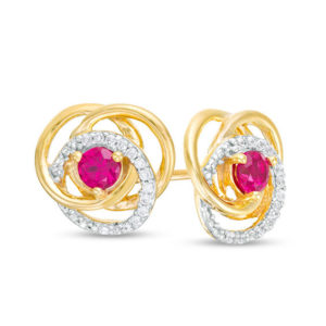 3.0mm Ruby and 0.07 CT. T.w. Diamond Love Knot Frame Stud Earrings in