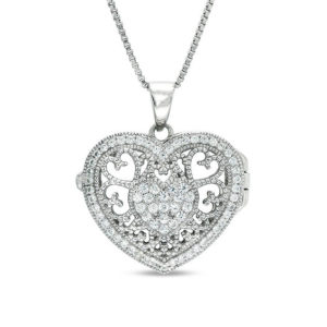 Lab-Created White Sapphire Cluster Vintage-Style Heart Locket in