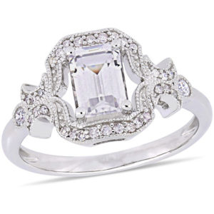 Emerald-Cut Lab-Created White Sapphire and 0.16 CT. T.w. Diamond Frame