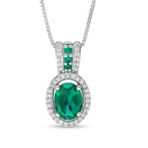 Oval Lab-Created Emerald and White Sapphire Frame Pendant in Sterling