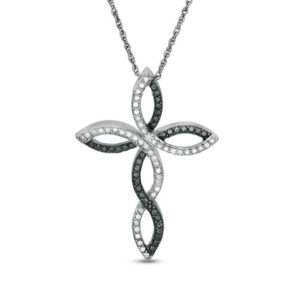 Enhanced Black and White Diamond Accent Twist Ribbon Cross Pendant in