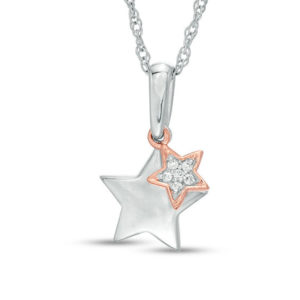 Diamond Accent Double Star Pendant in Sterling Silver and 10K Rose