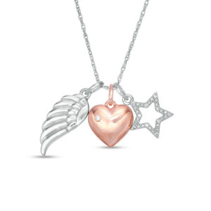 Diamond Accent Wing, Heart and Star Outline Charms Pendant in Sterling
