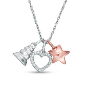 Diamond Accent Bell, Heart Outline and Star Charms Pendant in Sterling