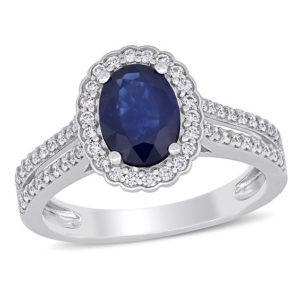 Oval Blue Sapphire and 0.33 CT. T.w. Diamond Scallop Frame Double Row