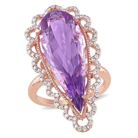 Pear-Shaped Rose de France Amethyst and 0.43 CT. T.w. Diamond Scallop