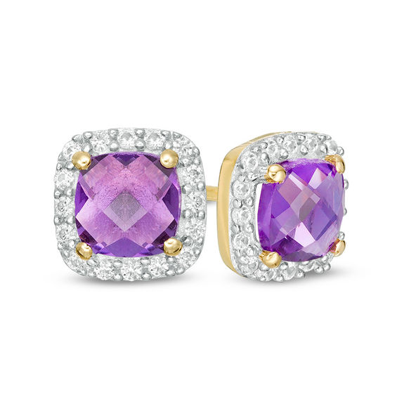 5.0mm Cushion-Cut Amethyst and Lab-Created White Sapphire Frame Stud