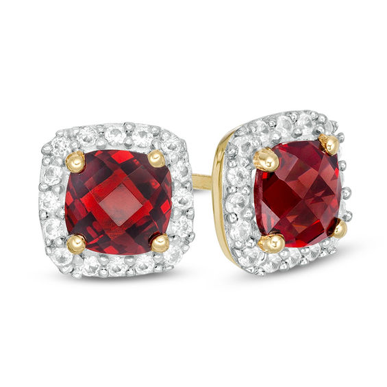 5.0mm Cushion-Cut Garnet and Lab-Created White Sapphire Frame Stud
