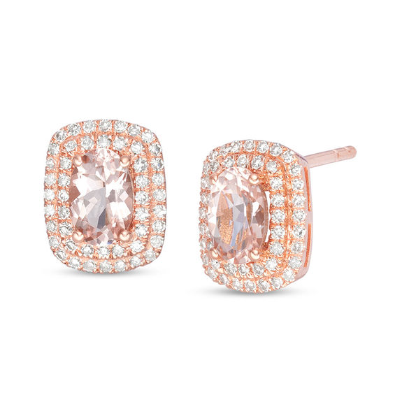 Oval Morganite and 0.23 CT. T.w. Diamond Double Cushion Frame Stud