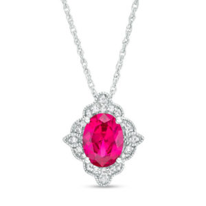 Oval Lab-Created Ruby and White Sapphire Scallop Frame Vintage-Style