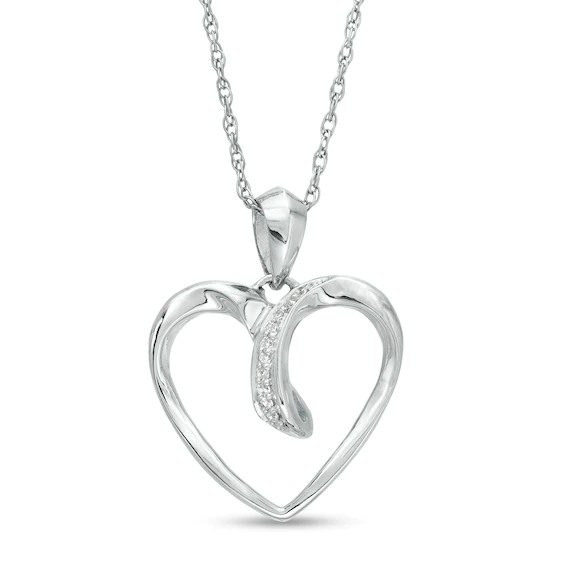 Diamond Accent Ribbon Heart Outline Pendant in Sterling Silver