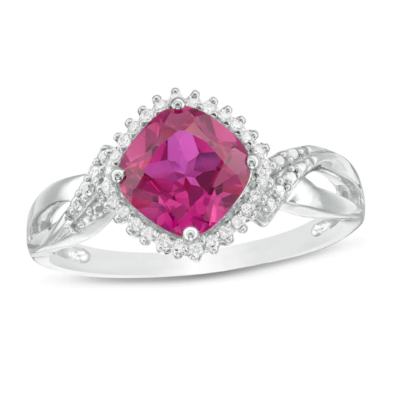 Tilted 7.0mm Cushion-Cut Lab-Created Ruby and 0.065 CT. T.w. Diamond