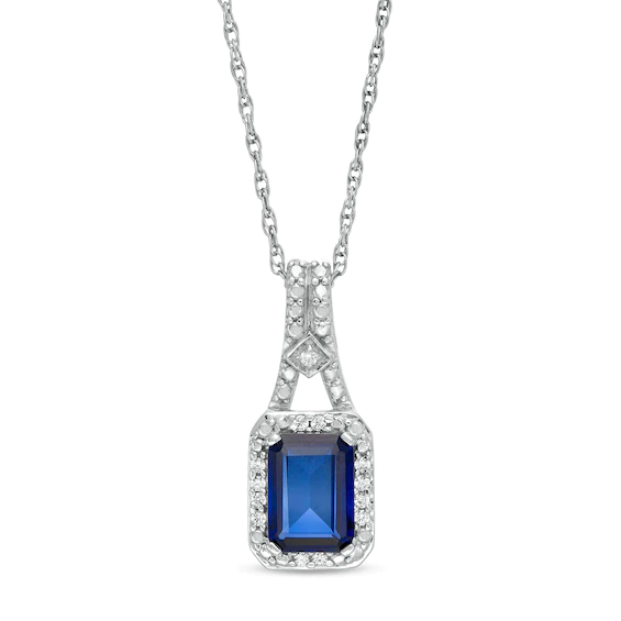 Emerald-Cut Lab-Created Blue Sapphire and 0.04 CT. T.w. Diamond Frame