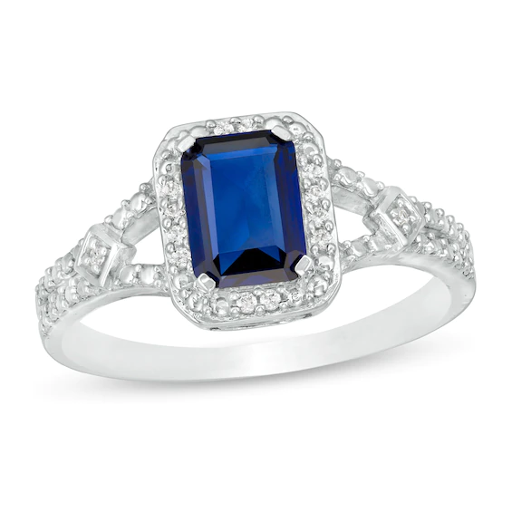 Emerald-Cut Lab-Created Blue Sapphire and 0.04 CT. T.w. Diamond Frame