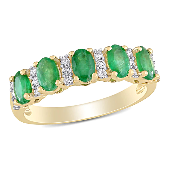 Oval Emerald and 0.16 CT. T.w. Diamond Five Stone Ring in 14K Gold