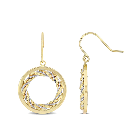 Twisted Rope and Box Chain-Textured Circle Drop Earrings in 10K