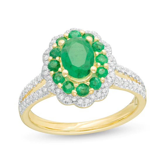 Oval Emerald and 0.25 CT. T.w. Diamond Scallop Frame Split Shank Ring