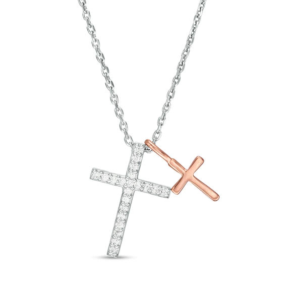 0.086 CT. T.w. Diamond Double Cross Pendant in Sterling Silver and 10K