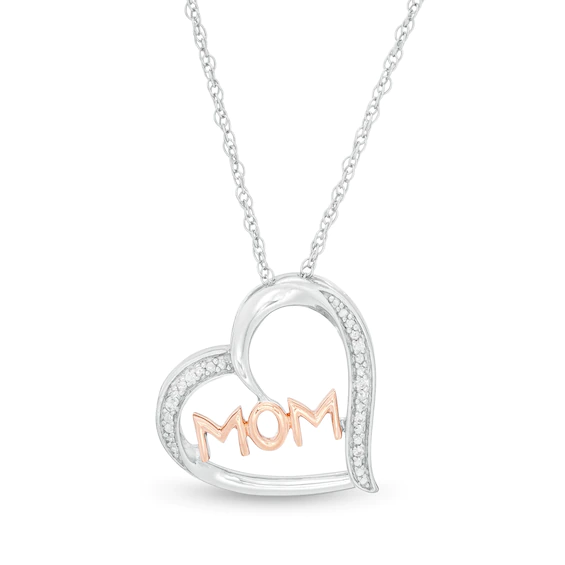 Diamond Accent "Mom" Tilted Heart Pendant in Sterling Silver and 10K